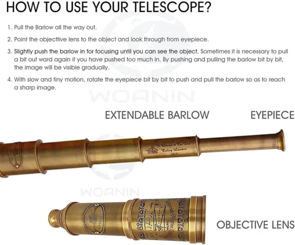 Antique Telescope 1915 London Brass Maritime 15x Vintage Pirate Spyglass Telescope- Functional Brass & Clear Vision Pirate Telescope 18" with Leather case - Wonderful Gift (Telescope with Box) - Image 3