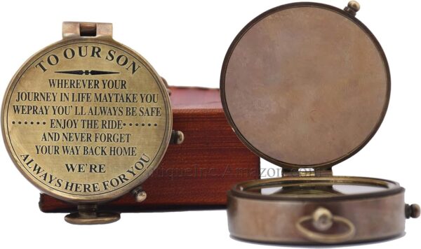 Son Gifts Brass Compass Christmas Unique Gift with Leather Case | Our Son Compass Hiking Navigation Gifts, Son Gift from mom and dad, Bithday Gifts, Graduation Gifts