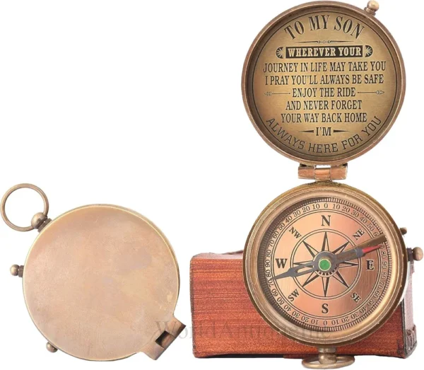 Engraved Brass Compass Gift to My Son - Antique Finish, Needle Lift Mechanism, 2 Inch