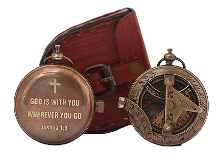 Engraved Sundial Compass - Vintage Personalized Compass- Antique Nautical Brass Compass for Men and Women, Gift for Birthday (Joshua 1:9)